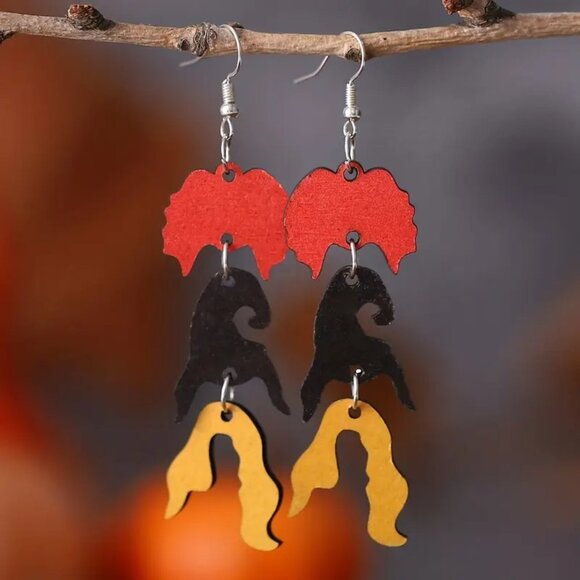 Hocus Pocus Halloween Red Black Yellow Witch Head Tassel Design Dangle Earrings - Picture 3 of 3